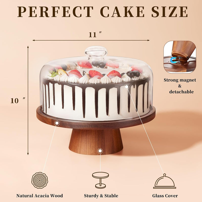 Suporte de bolo de madeira com tampa, suporte de bolo de acácia com cúpula de vidro, suporte de sobremesa versátil de 28 cm com pedestal magnético forte, suporte de bolo para aniversário