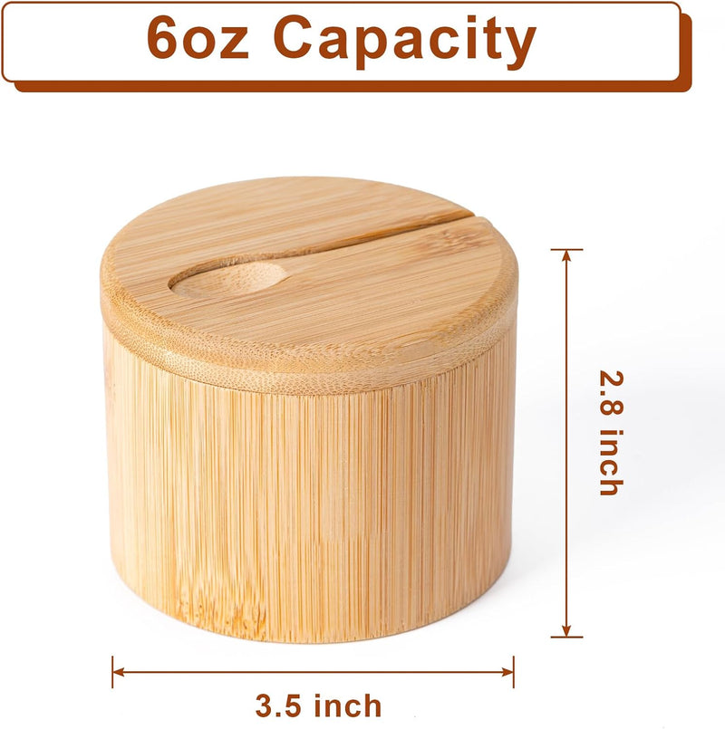 Saleiro de bambu, caixa de sal com tampa magnética giratória, caixa de temperos com colher, recipiente de sal redondo para armazenar sal, pimenta, açúcar, ervas, capacidade de 170 g