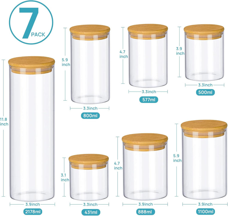 Vtopmart Frascos de vidro para armazenamento de alimentos, pacote com 7 recipientes de cozinha com tampas herméticas de madeira de bambu para massas, biscoitos, nozes, grãos de café, cereais, conjunto