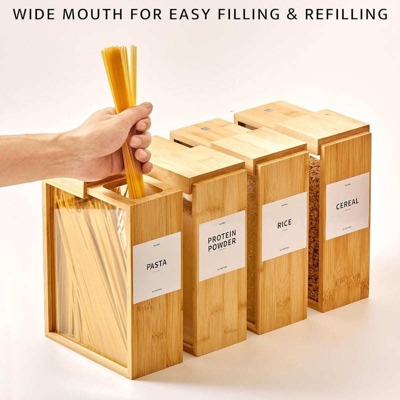 Recipiente de armazenamento de alimentos de bambu, 2000 ml, recipiente transparente de armazenamento de alimentos, 2 recipientes estilo livro para cozinha, organização quadrada de despensa com