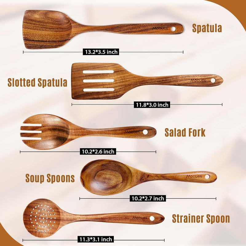 Conjunto de utensílios de cozinha de madeira teca natural de 9 peças com descanso de colher - Suporte de colheres e utensílios de cozinha com aderência confortável