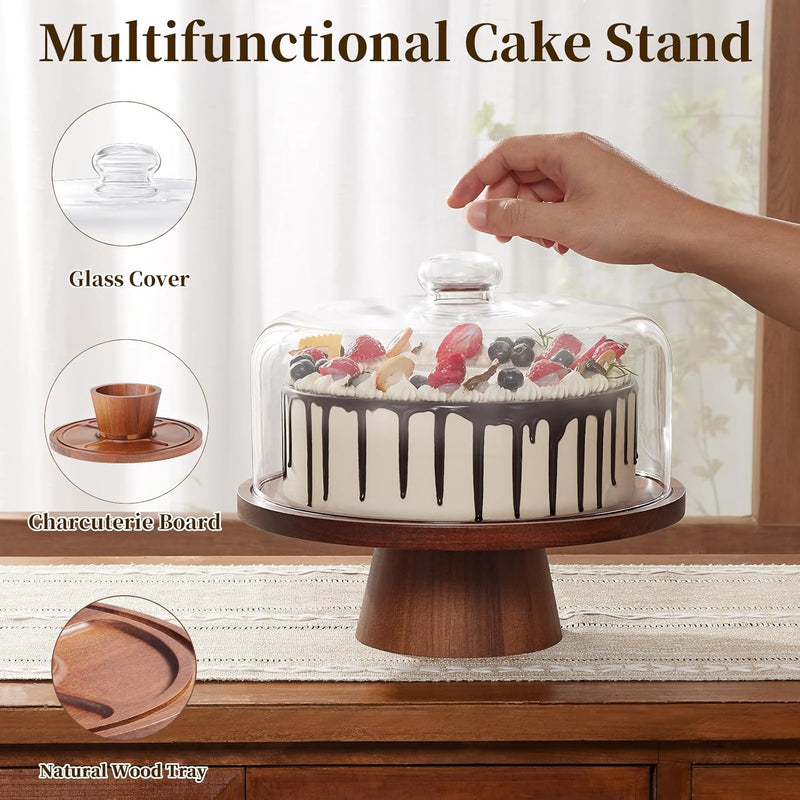 Suporte de bolo de madeira com tampa, suporte de bolo de acácia com cúpula de vidro, suporte de sobremesa versátil de 28 cm com pedestal magnético forte, suporte de bolo para aniversário