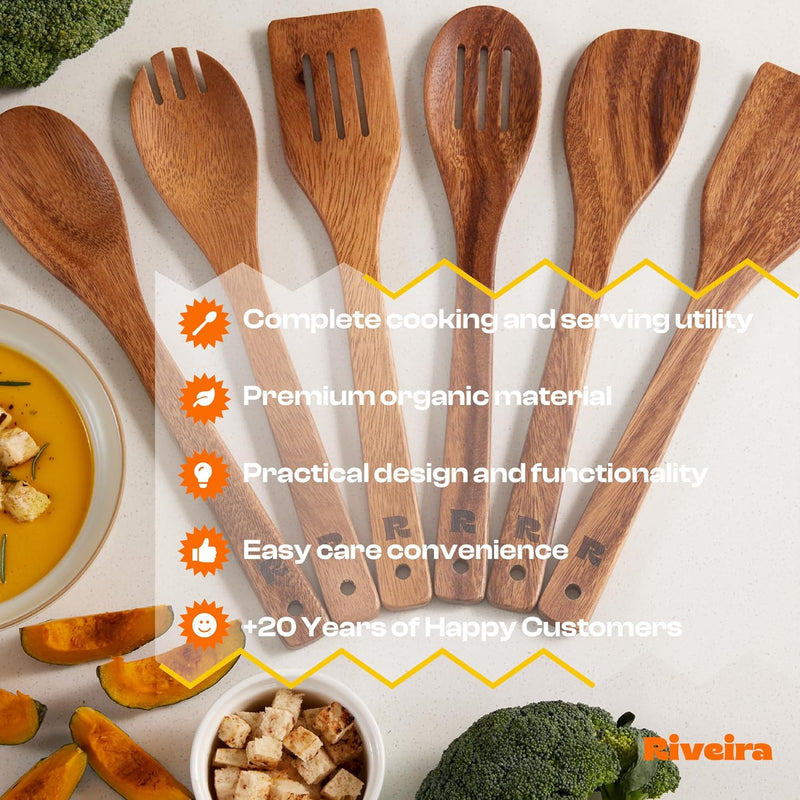 Riveira Colheres de cozinha de bambu com 6 peças – Conjunto de utensílios de cozinha de madeira com colheres de madeira para cozinhar e espátulas, conjuntos de utensílios de madeira – Conjunto de