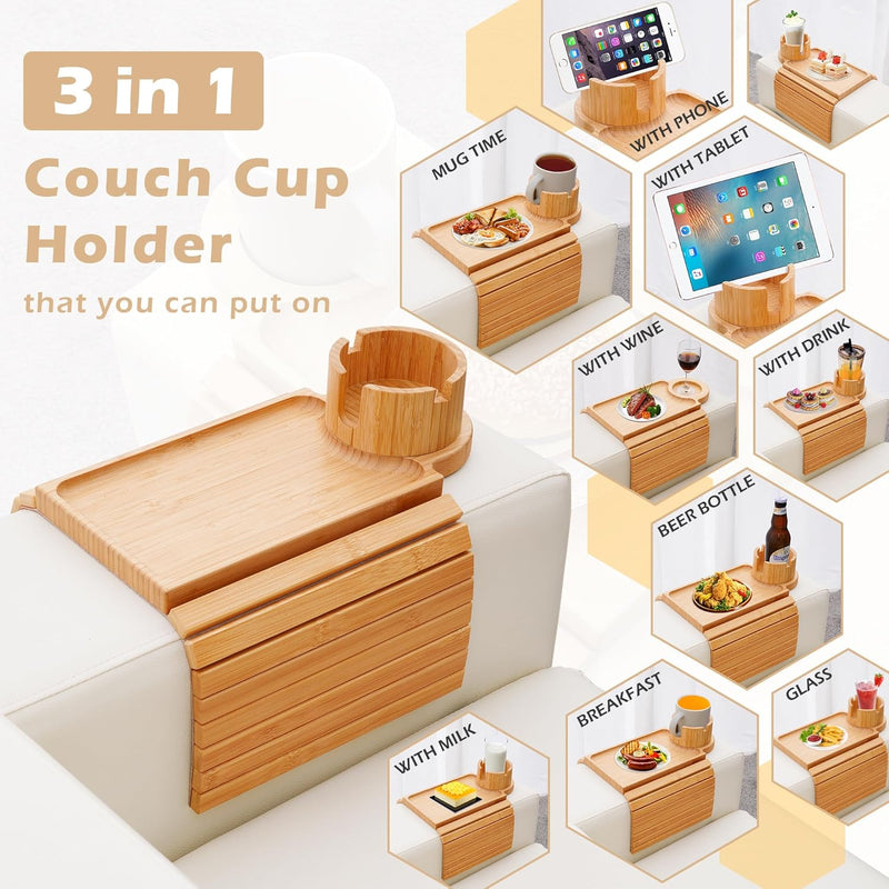 BAMBOOTRAY Bandeja de suporte de copo de sofá, mesa de braço de sofá 3 em 1, grande 48 x 33 cm, mesa lateral de bambu com clipe de sofá com suporte de copo de 360° para sofá, organizador