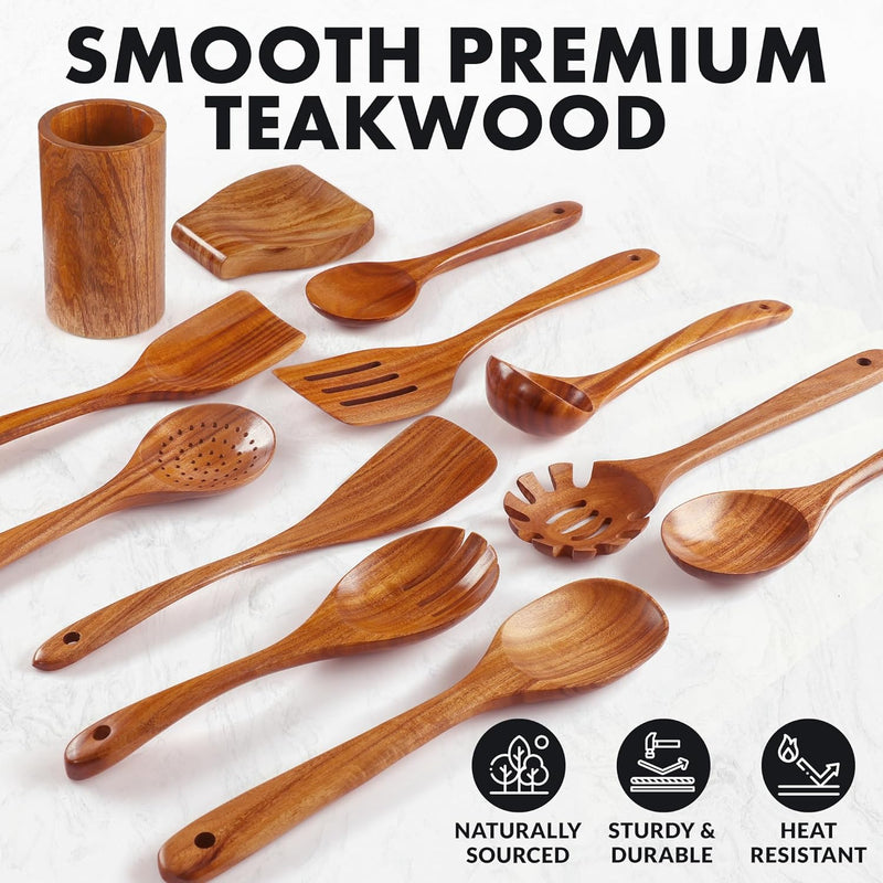 Zulay Kitchen Conjunto de colheres de madeira de 6 peças – Utensílios de teca macios resistentes ao calor com aderência confortável – leve e durável – fácil de limpar, perfeito para panelas