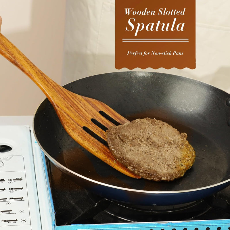 FJNATINH Espátula wok grande de madeira, 33 cm de teca natural, cabo longo, revestido, resina natural, feita à mão para panelas antiaderentes