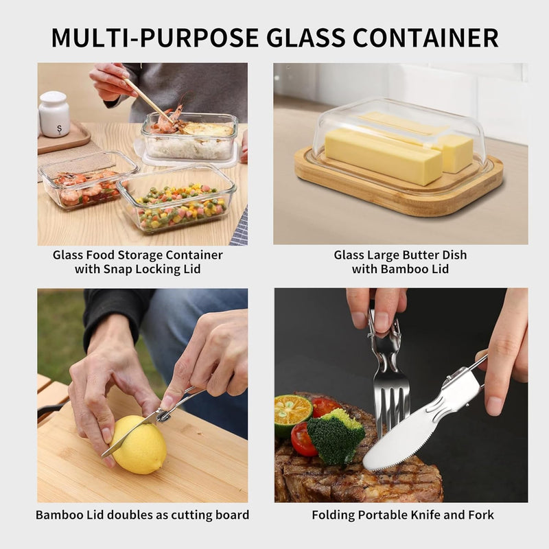 Manteiga grande de vidro com tampa e faca para bancada e geladeira, recipiente de armazenamento de manteiga com alça para geladeira, suporte de manteiga para balcão, bandeja de manteiga de bambu