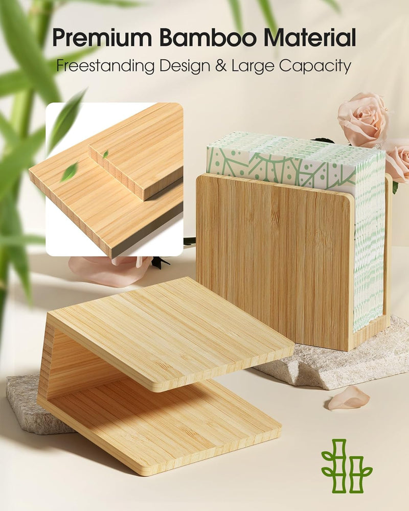 MaxGear Porta-guardanapos de bambu para mesas, dispensador de lenços de mesa independente de madeira para cozinha, sala de jantar, festa, ao ar livre, comporta guardanapos de 14 x 14 cm ou maiores