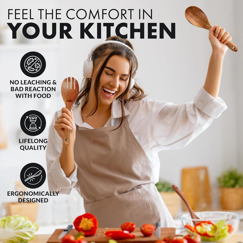 Zulay Kitchen Conjunto de colheres de madeira de 6 peças – Utensílios de teca macios resistentes ao calor com aderência confortável – leve e durável – fácil de limpar, perfeito para panelas