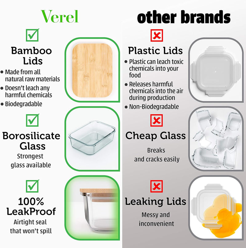 Recipientes de vidro para armazenamento de alimentos com tampas de bambu (pacote com 4, 1020 g) Recipientes de preparação de refeições ecológicos herméticos – sem plástico, sem BPA