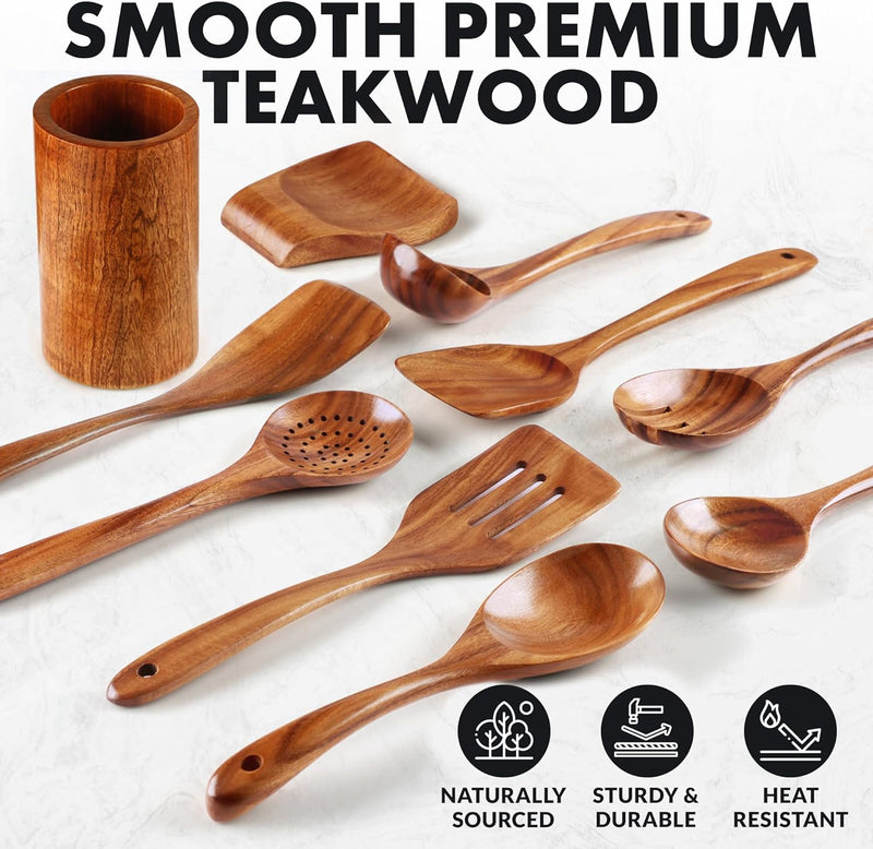 Zulay Kitchen Conjunto de colheres de madeira de 6 peças – Utensílios de teca macios resistentes ao calor com aderência confortável – leve e durável – fácil de limpar, perfeito para panelas