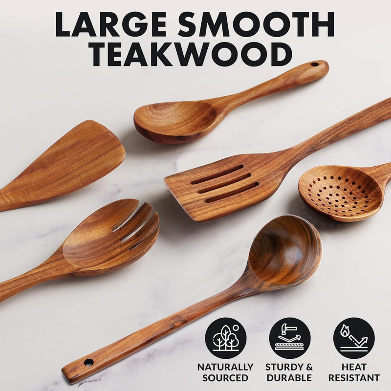 Zulay Kitchen Conjunto de colheres de madeira de 6 peças – Utensílios de teca macios resistentes ao calor com aderência confortável – leve e durável – fácil de limpar, perfeito para panelas