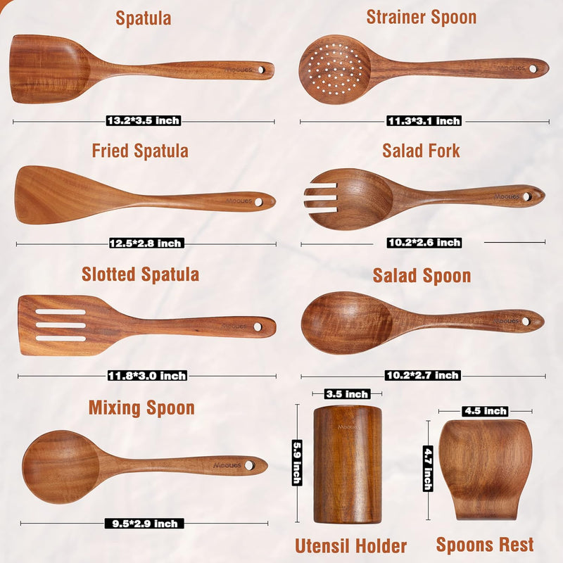 Conjunto de utensílios de cozinha de madeira teca natural de 9 peças com descanso de colher - Suporte de colheres e utensílios de cozinha com aderência confortável