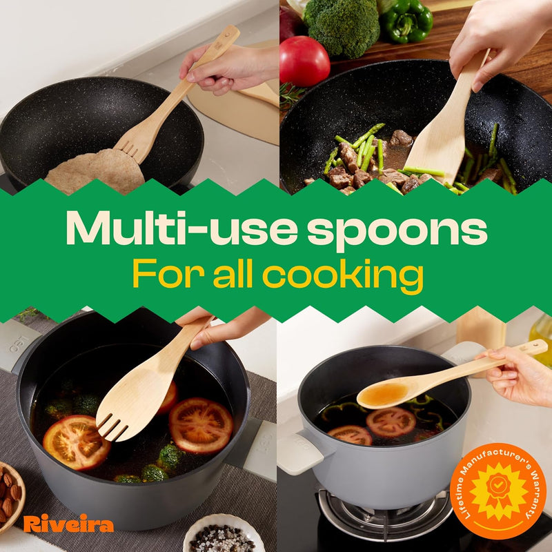 Riveira Colheres de cozinha de bambu com 6 peças – Conjunto de utensílios de cozinha de madeira com colheres de madeira para cozinhar e espátulas, conjuntos de utensílios de madeira – Conjunto de