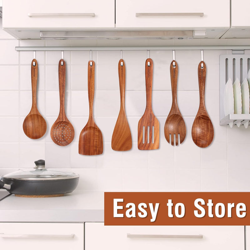Conjunto de utensílios de cozinha de madeira teca natural de 9 peças com descanso de colher - Suporte de colheres e utensílios de cozinha com aderência confortável