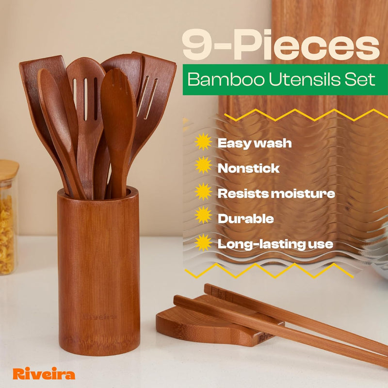 Riveira Colheres de cozinha de bambu com 6 peças – Conjunto de utensílios de cozinha de madeira com colheres de madeira para cozinhar e espátulas, conjuntos de utensílios de madeira – Conjunto de