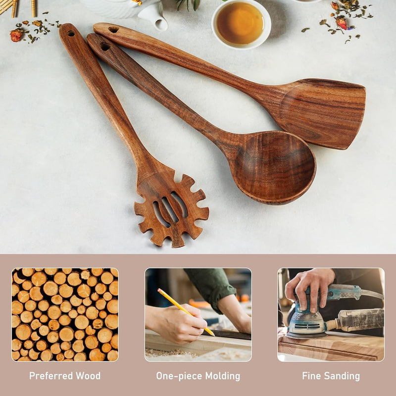 FJNATINH Espátula wok grande de madeira, 33 cm de teca natural, cabo longo, revestido, resina natural, feita à mão para panelas antiaderentes