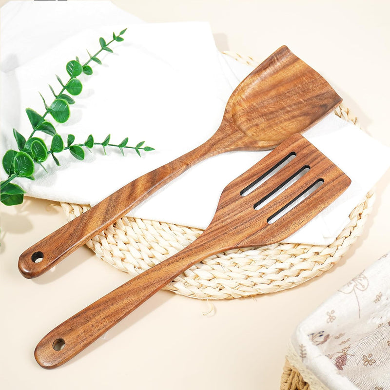 FJNATINH Espátula wok grande de madeira, 33 cm de teca natural, cabo longo, revestido, resina natural, feita à mão para panelas antiaderentes