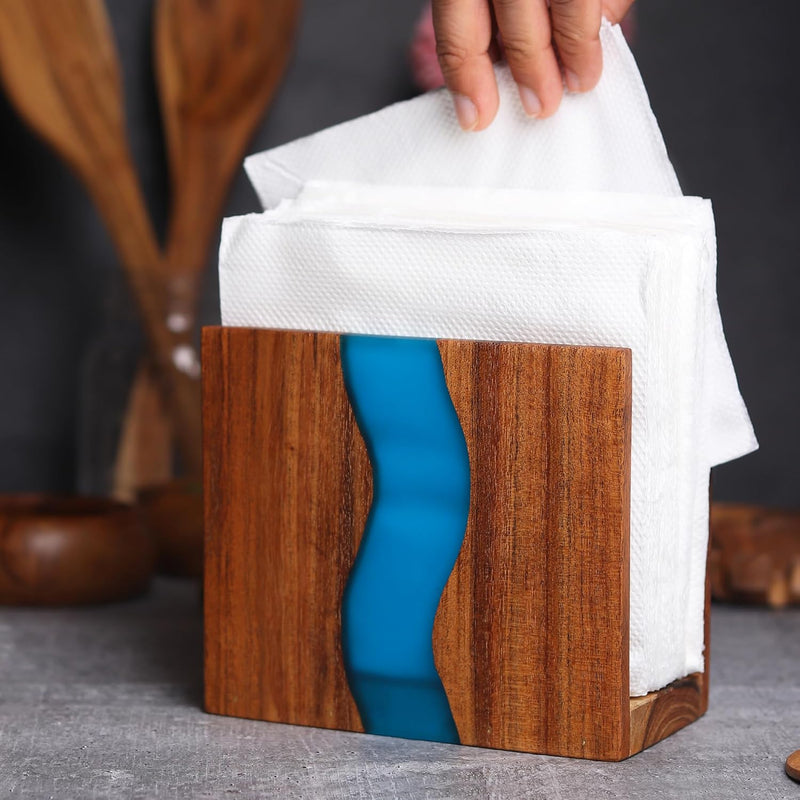 Porta-guardanapos de madeira de acácia e resina epóxi transparente para mesa, organização de guardanapo de casa de fazenda rústica para cozinha, jantar, bancadas, restaurante ou ao ar livre |