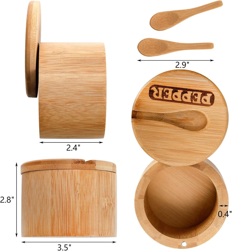 Lawei Pacote com 2 tigelas de sal e pimenta de bambu, recipiente redondo de sal com tampas e colheres magnéticas giratórias, adegas de sal de bambu, caixa de armazenamento de temperos para sal, pimenta, açúcar, especiarias