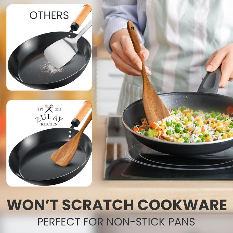 Zulay Kitchen Conjunto de colheres de madeira de 6 peças – Utensílios de teca macios resistentes ao calor com aderência confortável – leve e durável – fácil de limpar, perfeito para panelas