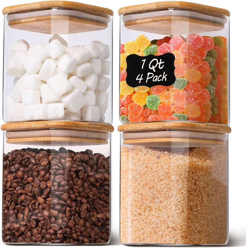 Frascos de armazenamento de vidro com tampa de bambu, recipientes de cozinha herméticos para assar, recipiente de alimentos para especiarias, biscoitos, chá, café e lanches (4 pacotes de 0,6 qt)