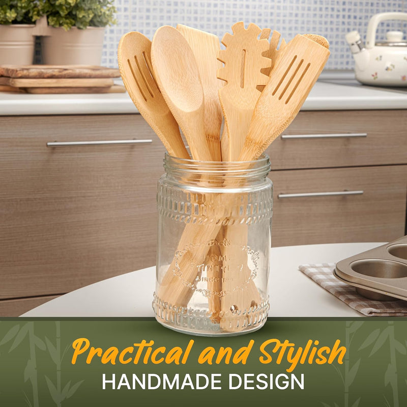 Conjunto de utensílios de madeira, utensílios de bambu – 7 peças de colheres de madeira para cozinhar, fácil de limpar, resistente, leve e resistente ao calor