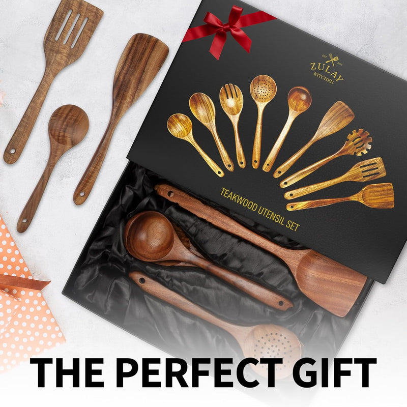 Zulay Kitchen Conjunto de colheres de madeira de 6 peças – Utensílios de teca macios resistentes ao calor com aderência confortável – leve e durável – fácil de limpar, perfeito para panelas