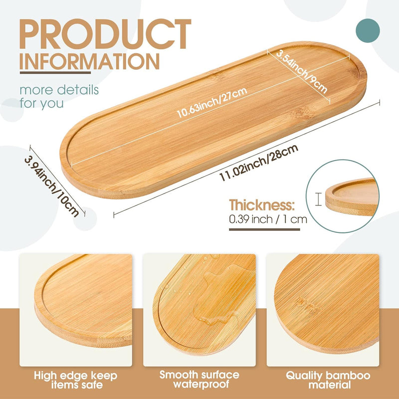 Bamboo Tea Serving Tray 3 Pcs Decorative Multi Use Bathroom Counter Tray with Edges Bamboo Vanity for Dresser Food Coffee Tea Snack Tissues Candles, 11 x 4 Inch(Rectangle Style)