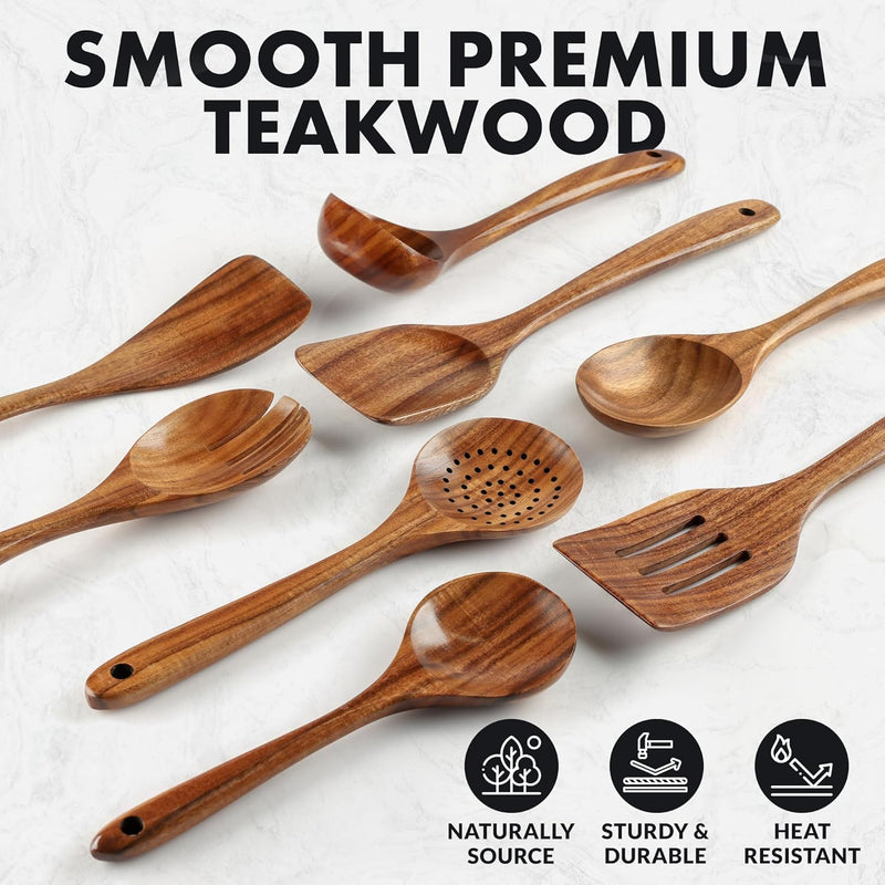 Zulay Kitchen Conjunto de colheres de madeira de 6 peças – Utensílios de teca macios resistentes ao calor com aderência confortável – leve e durável – fácil de limpar, perfeito para panelas