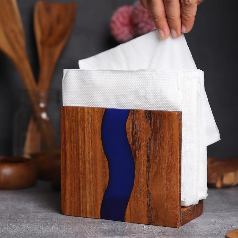 Porta-guardanapos de madeira de acácia e resina epóxi transparente para mesa, organização de guardanapo de casa de fazenda rústica para cozinha, jantar, bancadas, restaurante ou ao ar livre |