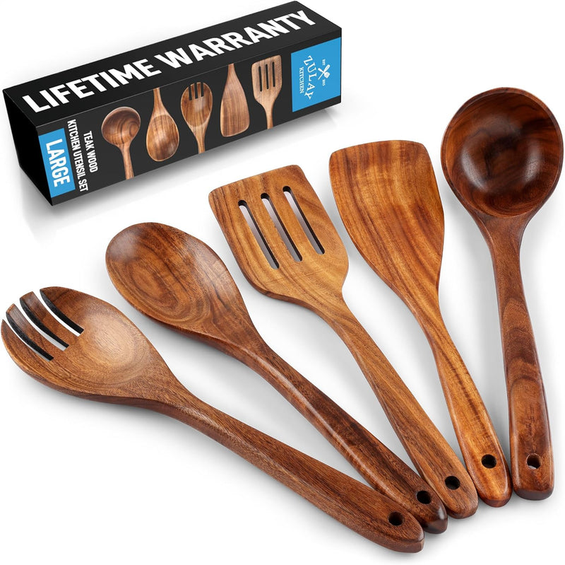 Zulay Kitchen Conjunto de colheres de madeira de 6 peças – Utensílios de teca macios resistentes ao calor com aderência confortável – leve e durável – fácil de limpar, perfeito para panelas
