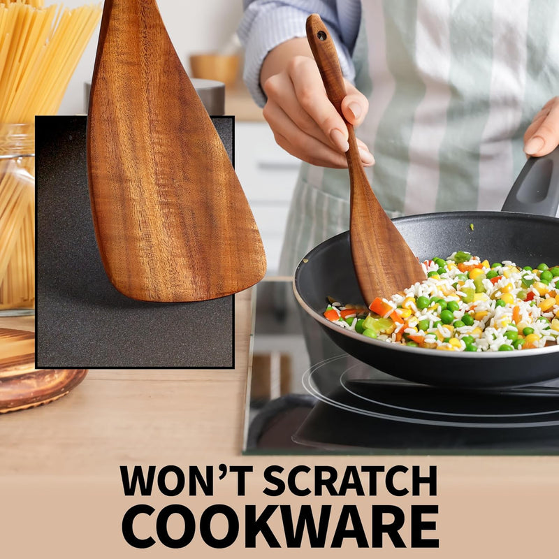 Zulay Kitchen Conjunto de colheres de madeira de 6 peças – Utensílios de teca macios resistentes ao calor com aderência confortável – leve e durável – fácil de limpar, perfeito para panelas