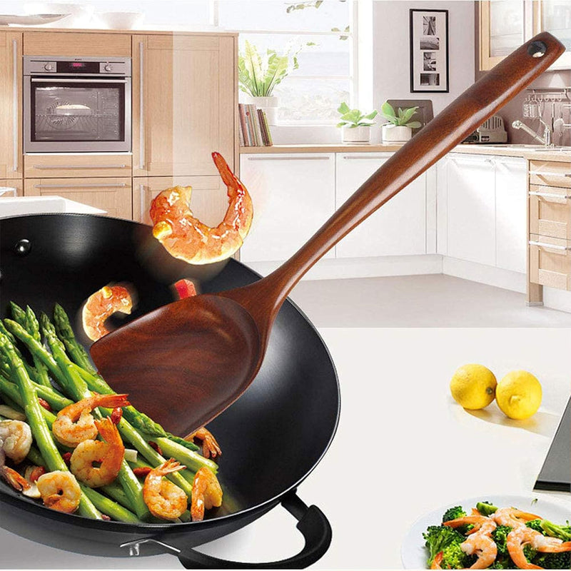 FJNATINH Espátula wok grande de madeira, 33 cm de teca natural, cabo longo, revestido, resina natural, feita à mão para panelas antiaderentes