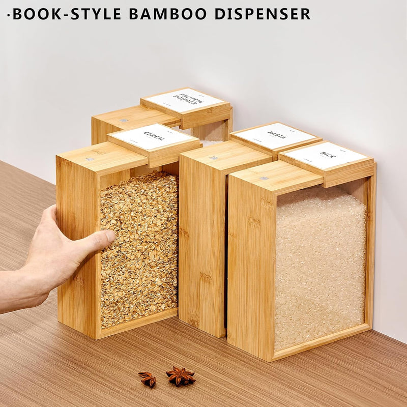 Recipiente de armazenamento de alimentos de bambu, 2000 ml, recipiente transparente de armazenamento de alimentos, 2 recipientes estilo livro para cozinha, organização quadrada de despensa com