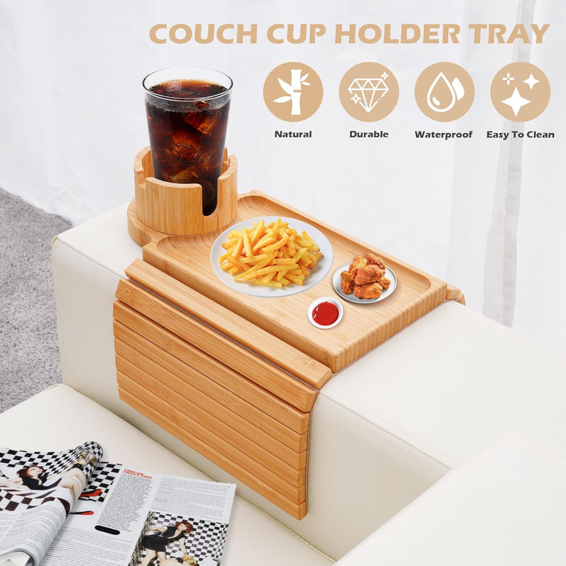 BAMBOOTRAY Bandeja de suporte de copo de sofá, mesa de braço de sofá 3 em 1, grande 48 x 33 cm, mesa lateral de bambu com clipe de sofá com suporte de copo de 360° para sofá, organizador