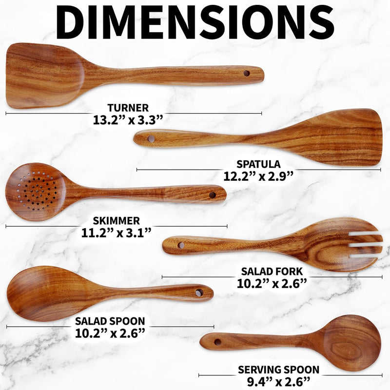 Zulay Kitchen Conjunto de colheres de madeira de 6 peças – Utensílios de teca macios resistentes ao calor com aderência confortável – leve e durável – fácil de limpar, perfeito para panelas