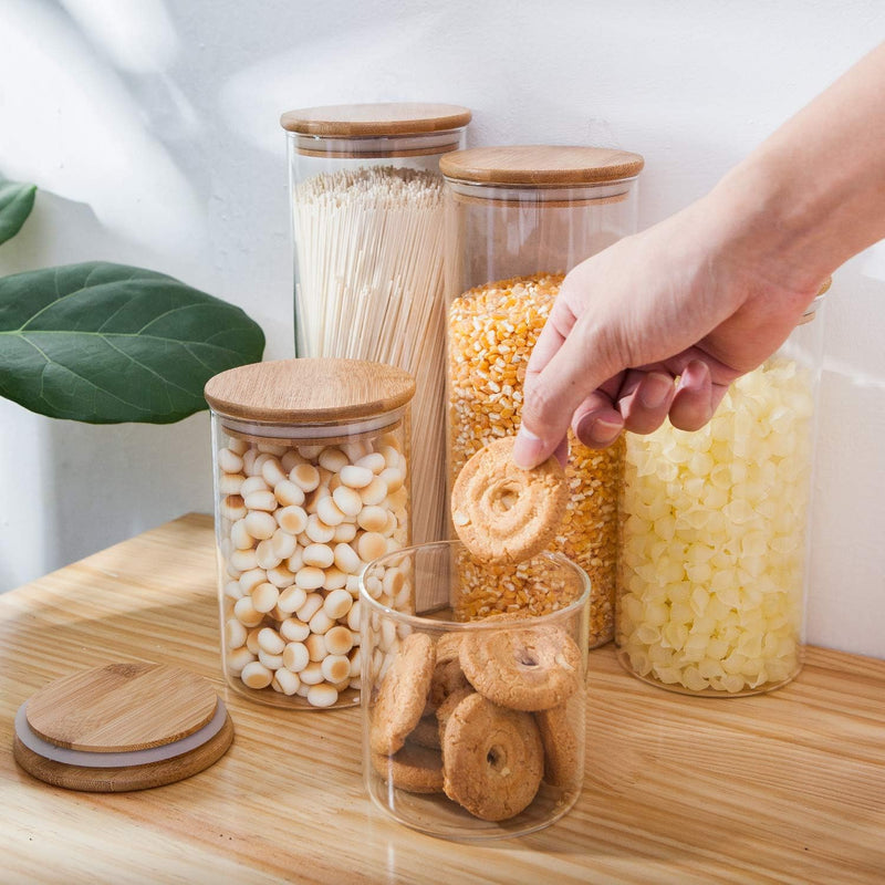 Conjunto de potes de vidro herméticos com tampas de bambu, recipientes de armazenamento de alimentos de vidro – Conjunto de 5 potes de cozinha para açúcar, doces, biscoitos, arroz e potes de
