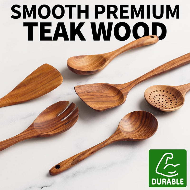 Zulay Kitchen Conjunto de colheres de madeira de 6 peças – Utensílios de teca macios resistentes ao calor com aderência confortável – leve e durável – fácil de limpar, perfeito para panelas