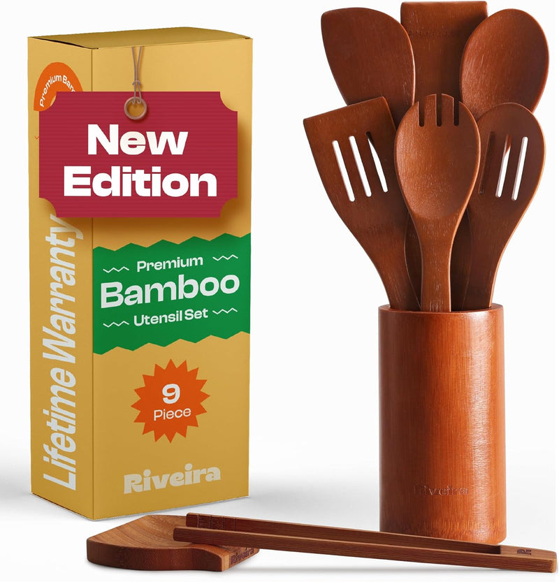 Riveira Colheres de cozinha de bambu com 6 peças – Conjunto de utensílios de cozinha de madeira com colheres de madeira para cozinhar e espátulas, conjuntos de utensílios de madeira – Conjunto de