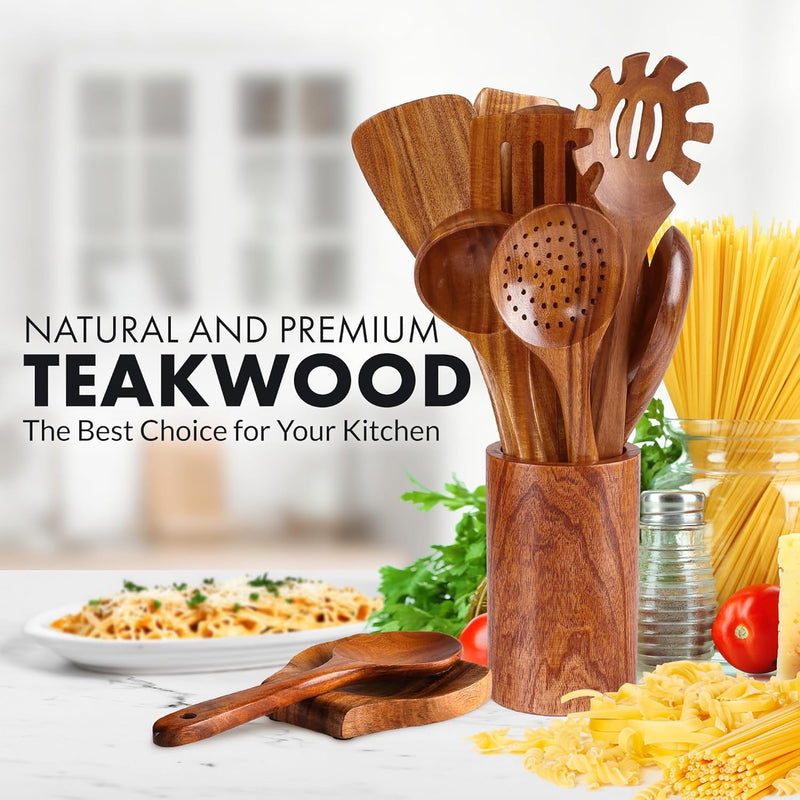 Zulay Kitchen Conjunto de colheres de madeira de 6 peças – Utensílios de teca macios resistentes ao calor com aderência confortável – leve e durável – fácil de limpar, perfeito para panelas