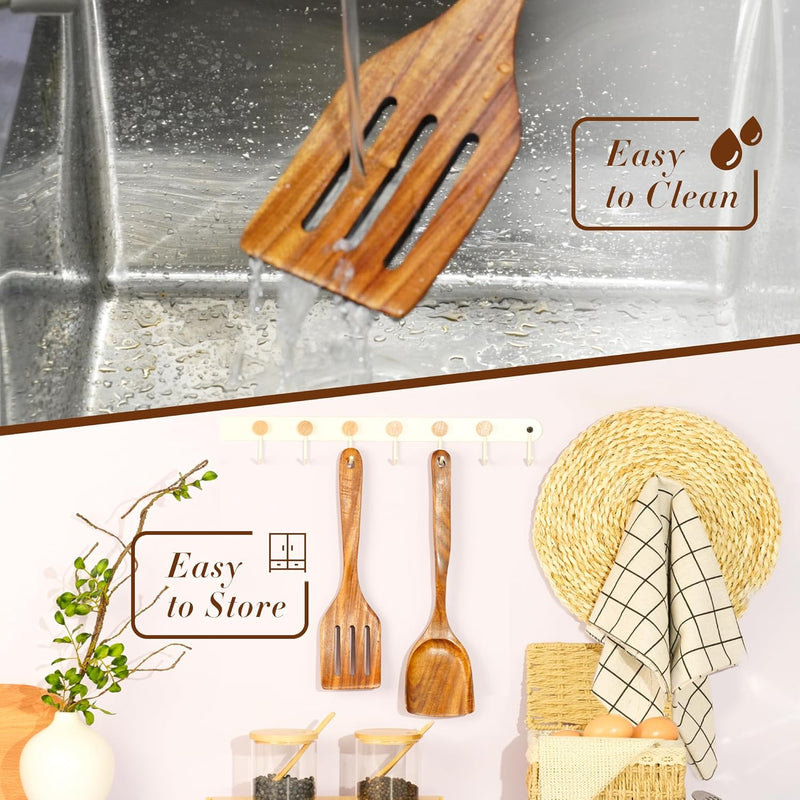 FJNATINH Espátula wok grande de madeira, 33 cm de teca natural, cabo longo, revestido, resina natural, feita à mão para panelas antiaderentes