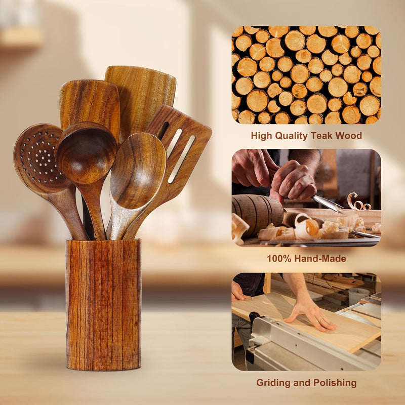 FJNATINH Espátula wok grande de madeira, 33 cm de teca natural, cabo longo, revestido, resina natural, feita à mão para panelas antiaderentes