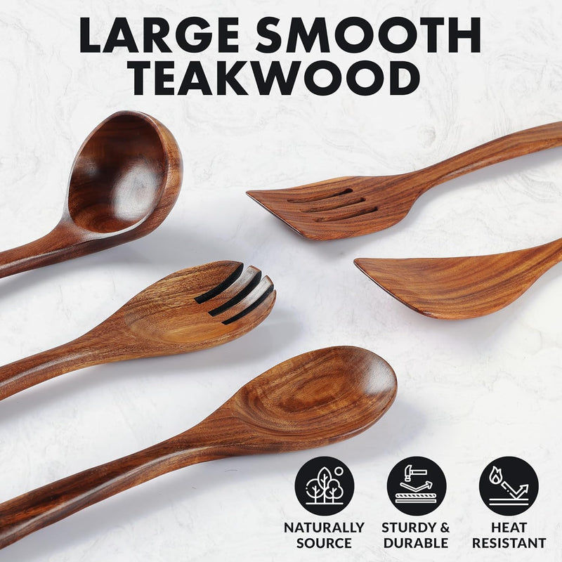 Zulay Kitchen Conjunto de colheres de madeira de 6 peças – Utensílios de teca macios resistentes ao calor com aderência confortável – leve e durável – fácil de limpar, perfeito para panelas