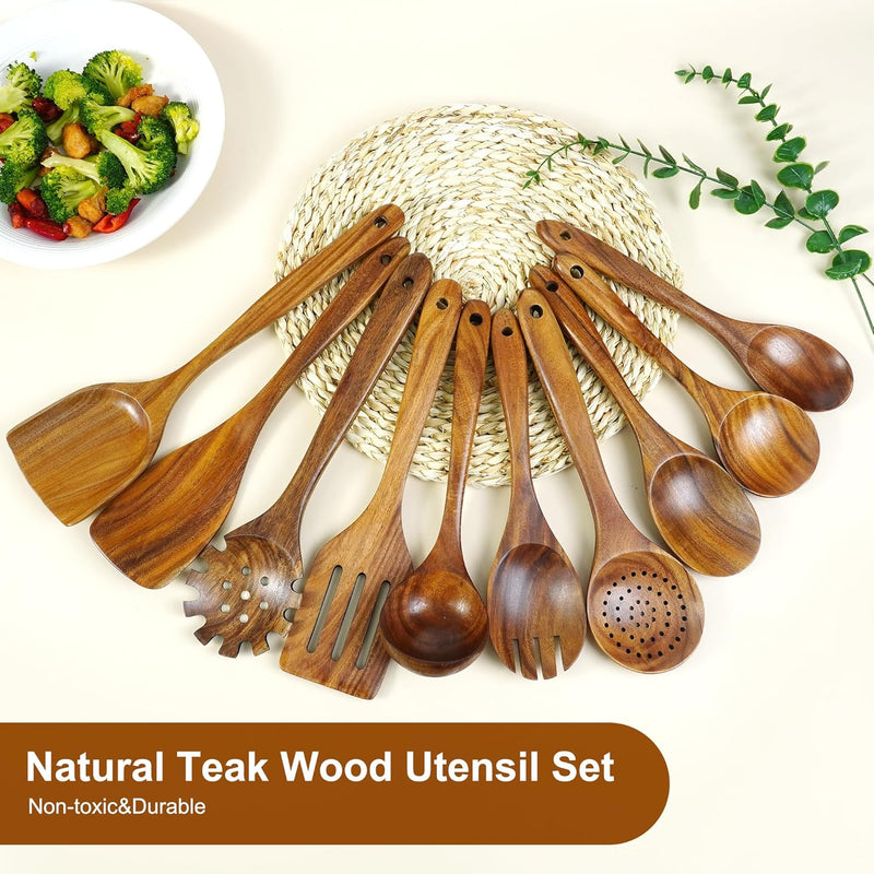FJNATINH Espátula wok grande de madeira, 33 cm de teca natural, cabo longo, revestido, resina natural, feita à mão para panelas antiaderentes