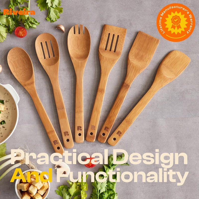 Riveira Colheres de cozinha de bambu com 6 peças – Conjunto de utensílios de cozinha de madeira com colheres de madeira para cozinhar e espátulas, conjuntos de utensílios de madeira – Conjunto de
