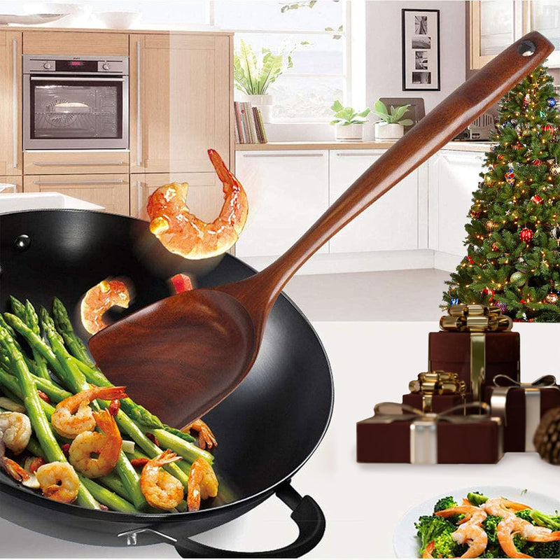 FJNATINH Espátula wok grande de madeira, 33 cm de teca natural, cabo longo, revestido, resina natural, feita à mão para panelas antiaderentes