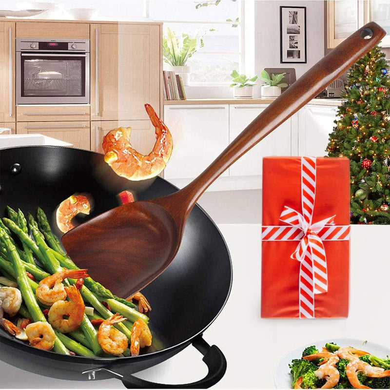 FJNATINH Espátula wok grande de madeira, 33 cm de teca natural, cabo longo, revestido, resina natural, feita à mão para panelas antiaderentes