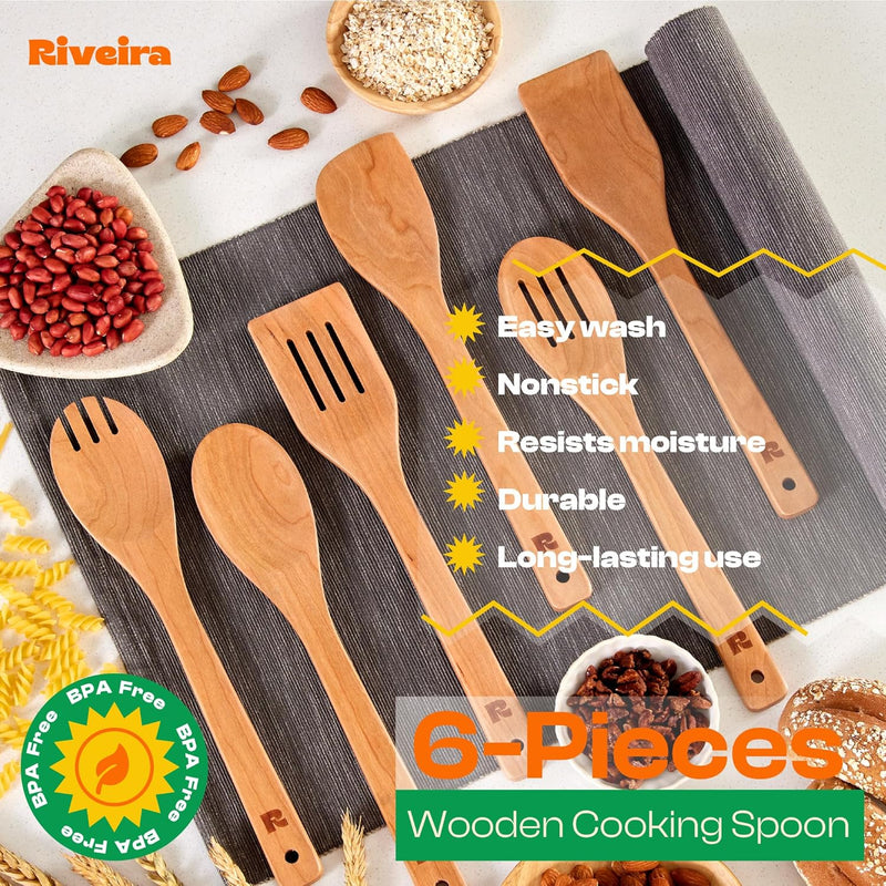 Riveira Colheres de cozinha de bambu com 6 peças – Conjunto de utensílios de cozinha de madeira com colheres de madeira para cozinhar e espátulas, conjuntos de utensílios de madeira – Conjunto de