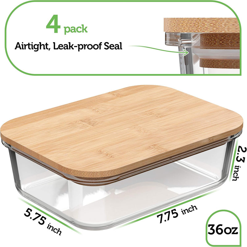 Recipientes de vidro para armazenamento de alimentos com tampas de bambu (pacote com 4, 1020 g) Recipientes de preparação de refeições ecológicos herméticos – sem plástico, sem BPA